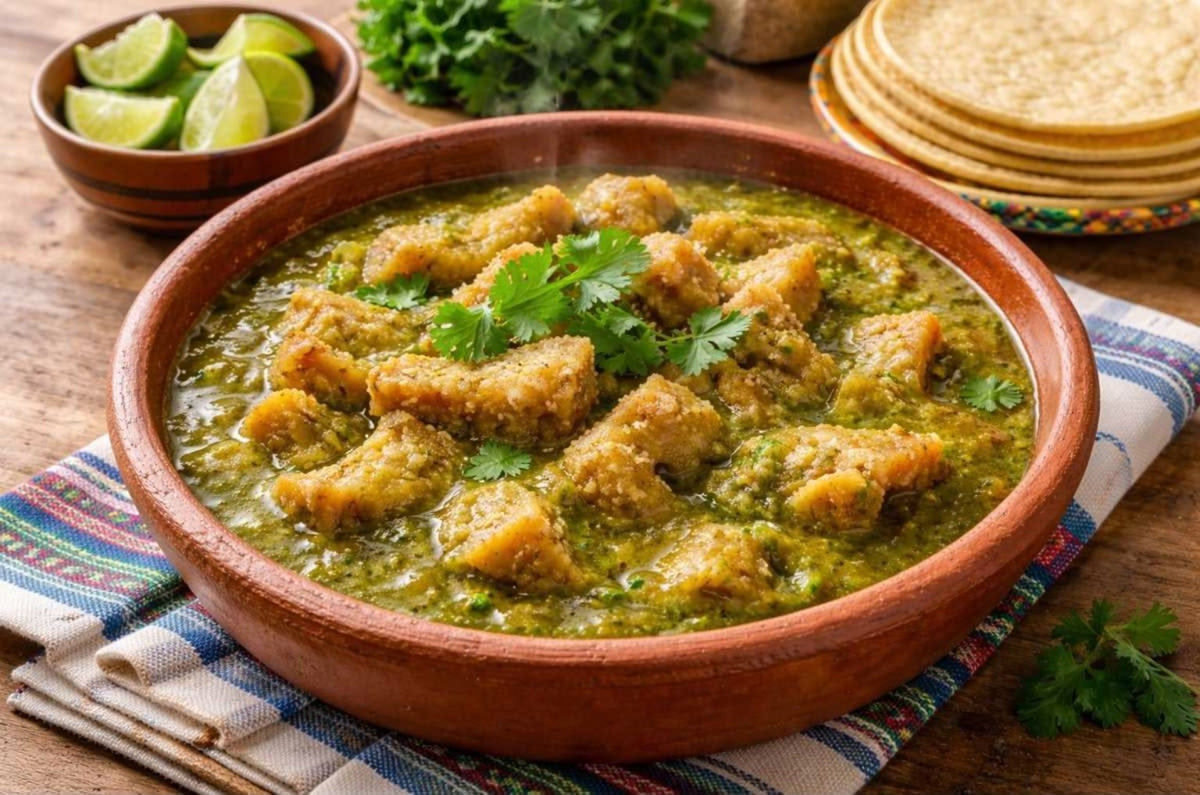 Chicharrón en salsa verde con cilantro, limón y tortillas